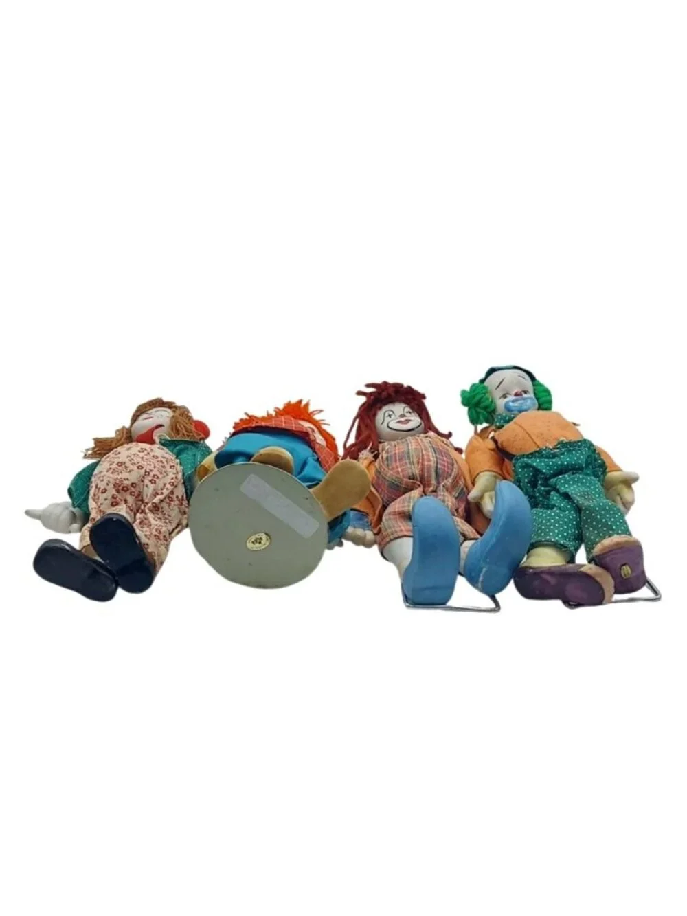 Porcelain Hobo Clown Figurine Doll w/ Display Stand Set of 4 Vintage Collectible